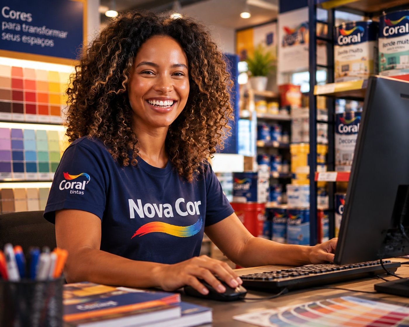 Atendente sorrindo no balcão de uma loja de tintas