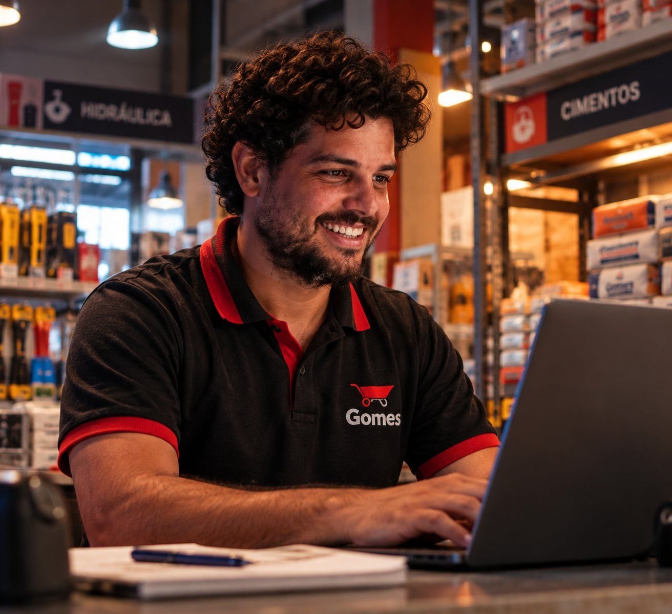 Vendedor sorrindo atendendo pelo notebook no balcão da loja