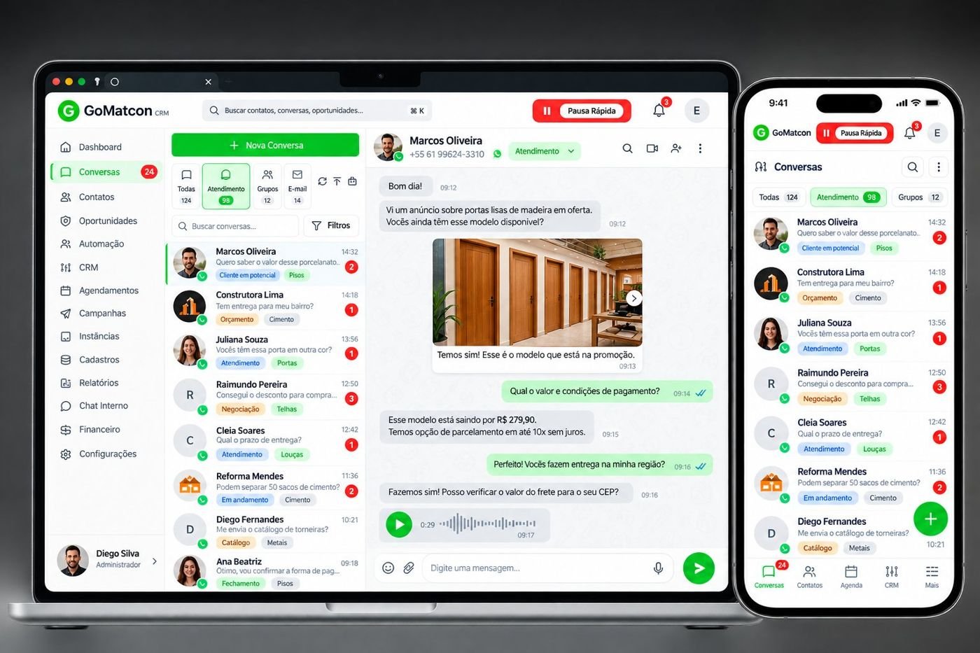 Conversas do GoMatcon no computador e no celular